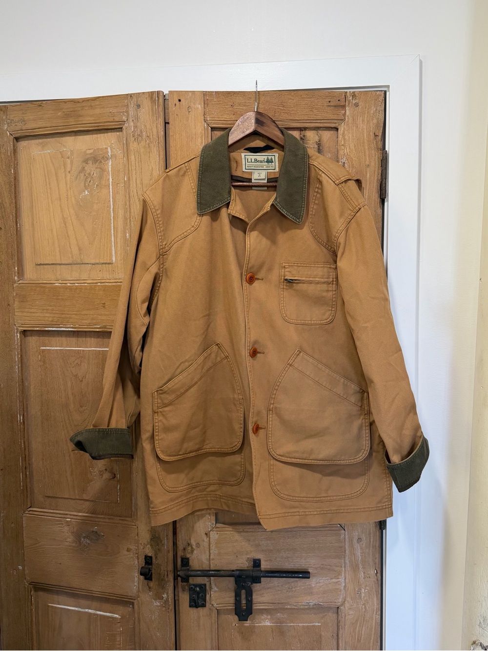 L.L. Bean Men's Tan Canvas Field Jacket with Olive Corduroy Collar